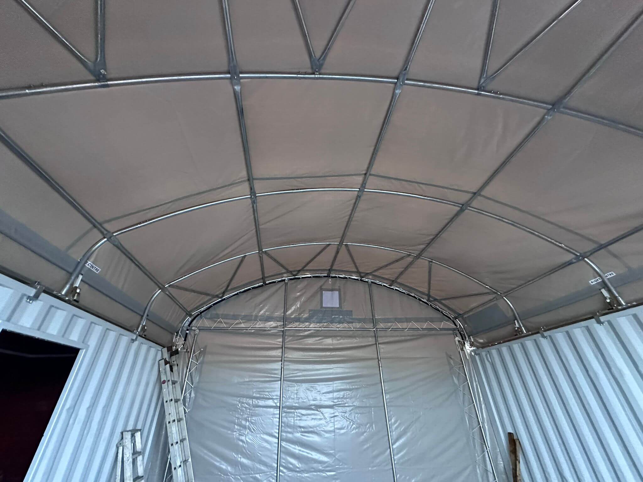 2 x 20ft Shipping Containers and Dome Canopy Shelter over