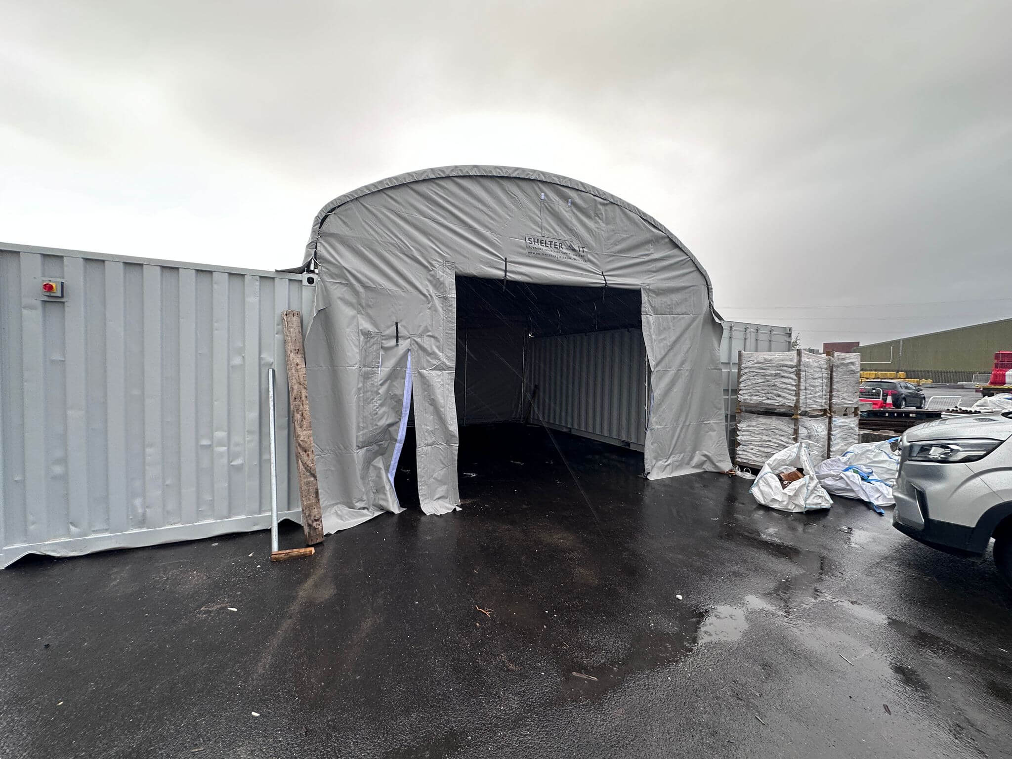 2 x 20ft Shipping Containers and Dome Canopy Shelter over
